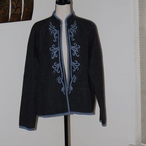 Karen Scott, dark grey - baby blue embroidered full zip up wool cardigan sweater